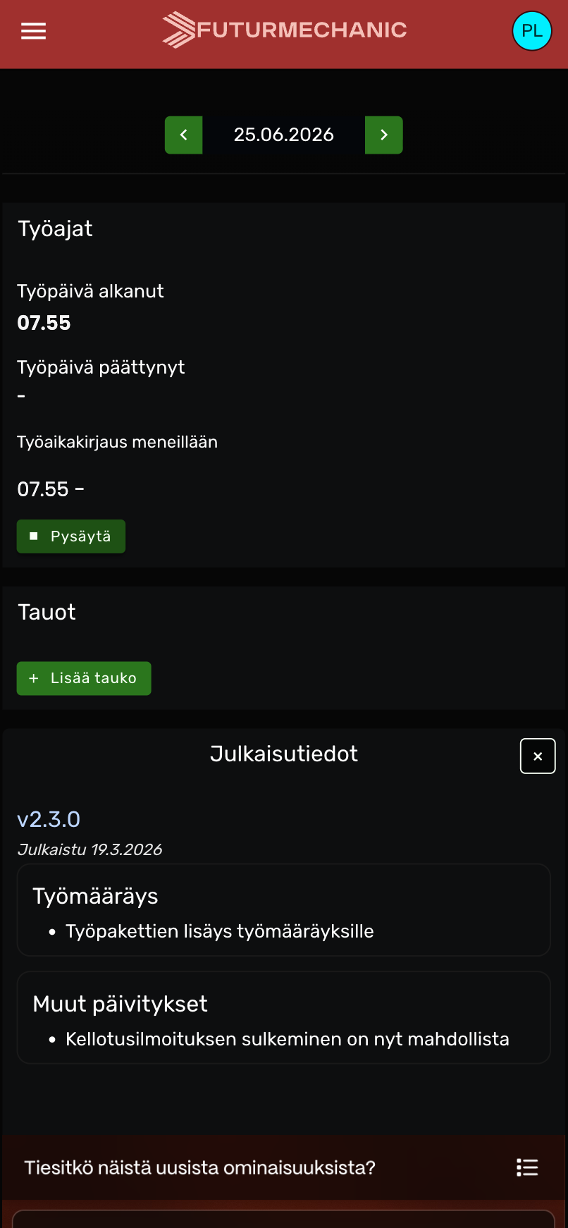 Futurmechanic mobiilissa — työmääräys